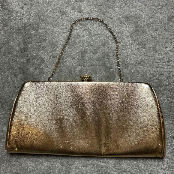 Handbags - Vintage Gold Metallic Clutch Purse Evening Bag Chain Strap Satin Lined 50’s 60’s